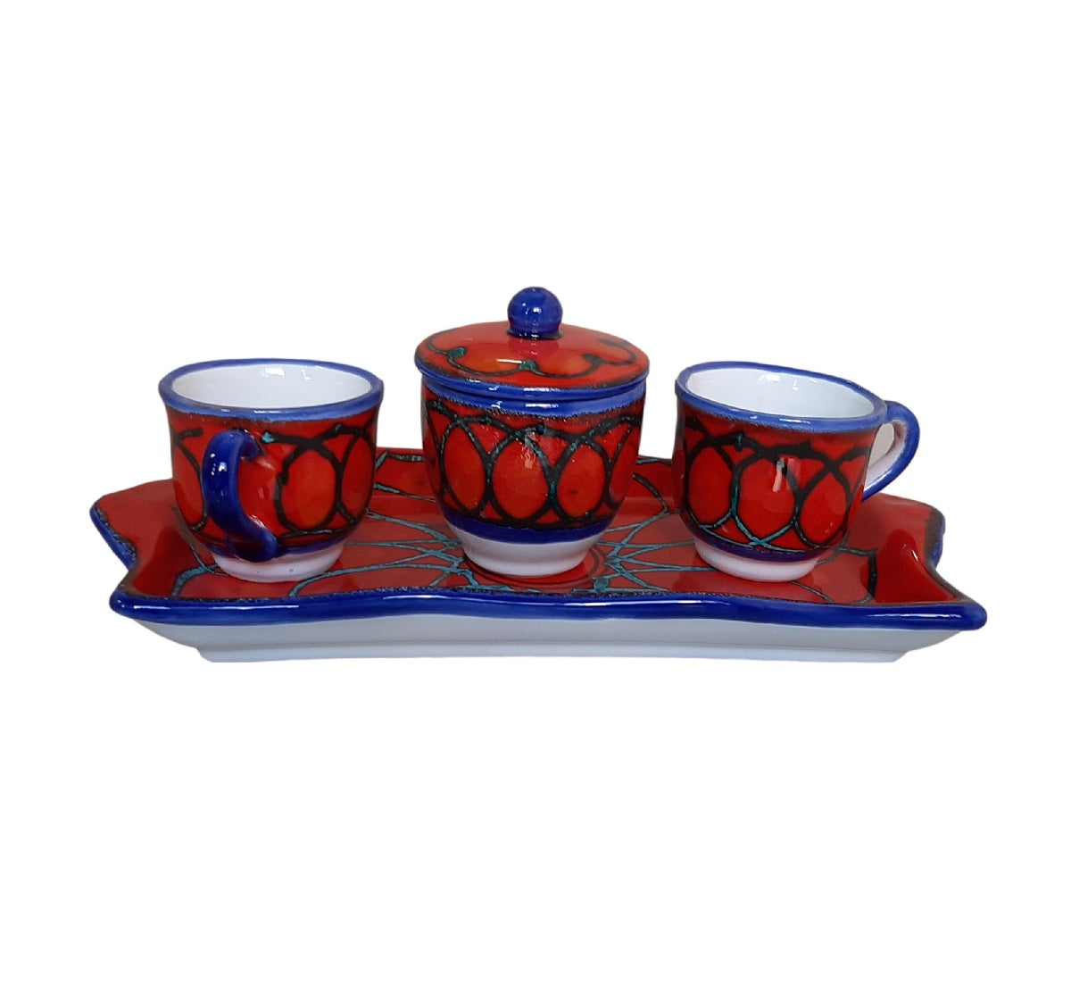 Set 2 tazzine caffè e zuccheriera con vassoio - Decoro Rosso e Blu