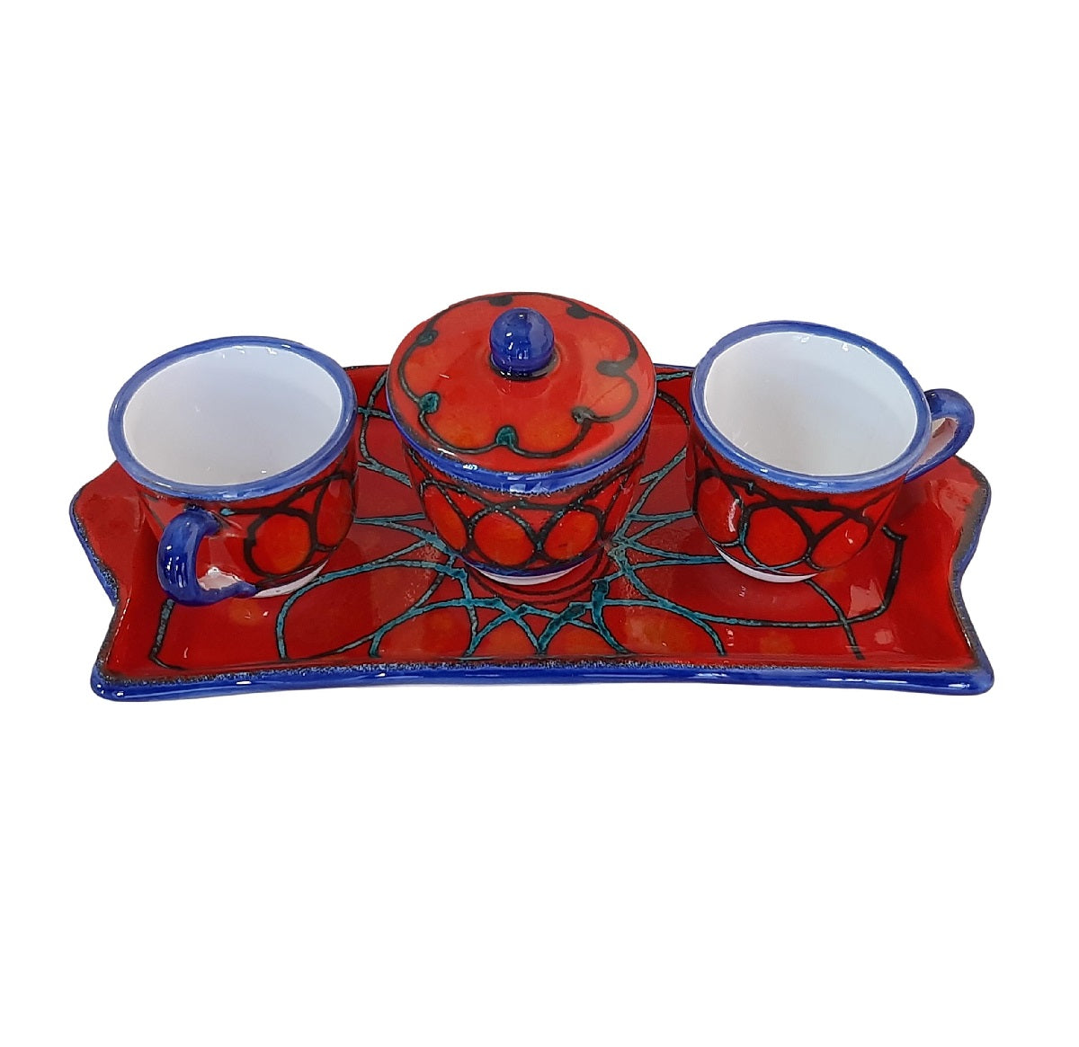 Set 2 tazzine caffè e zuccheriera con vassoio - Decoro Rosso e Blu