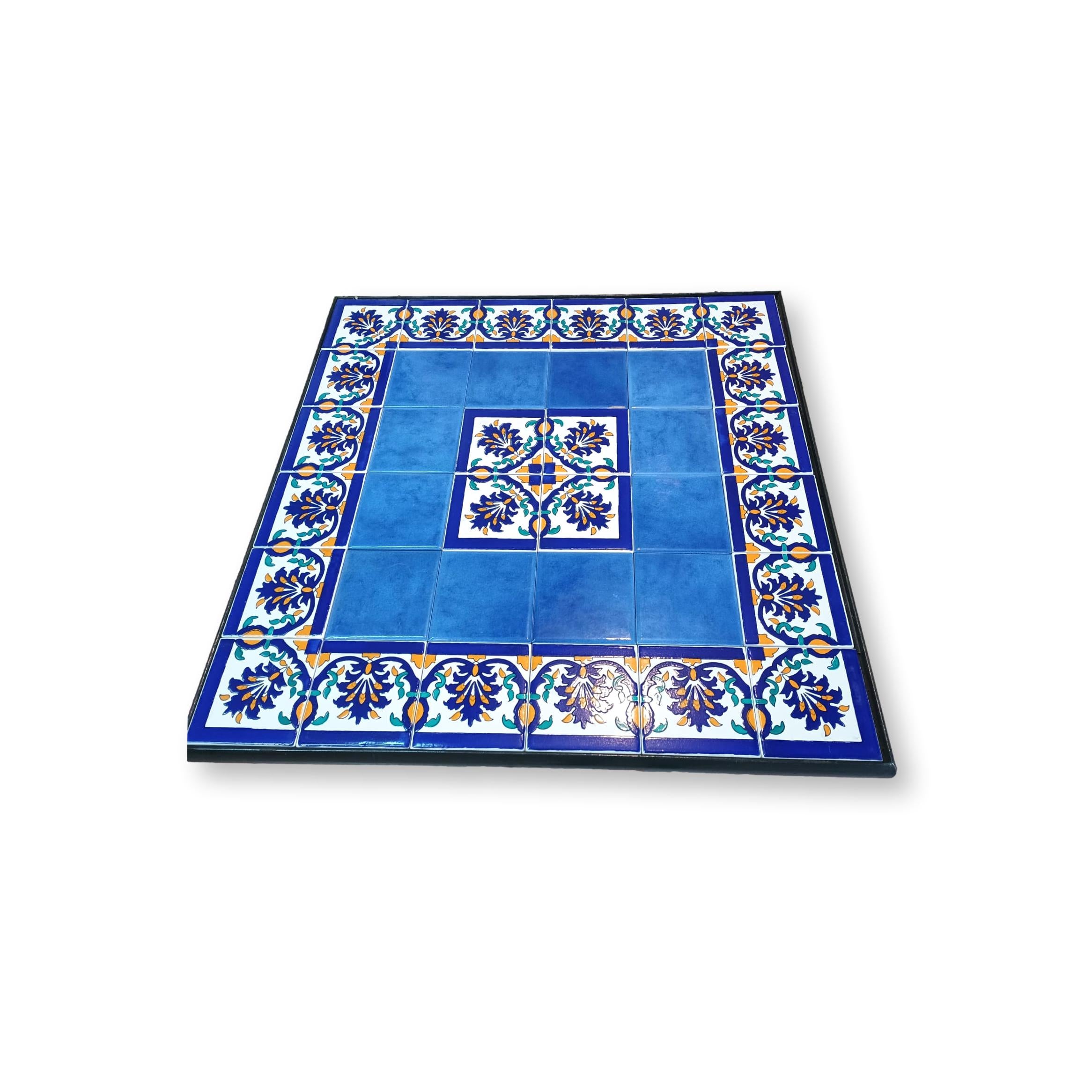 Tavolo quadrato in Ferro battuto - Decori in ceramica fiori fondo blu  - 60x60cm base nera