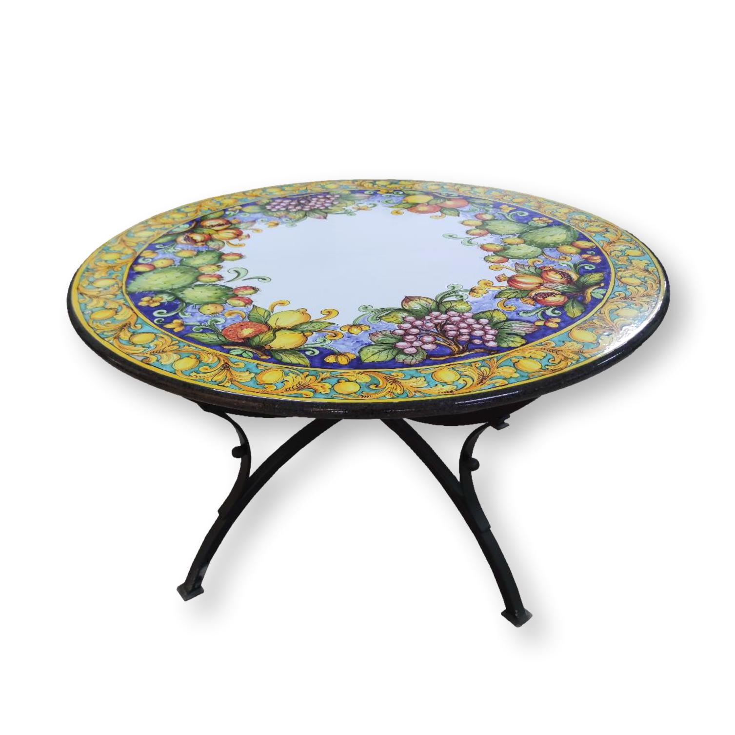 Tavolo in Pietra lavica rotondo con bordo ornato e frutta vari colori interno