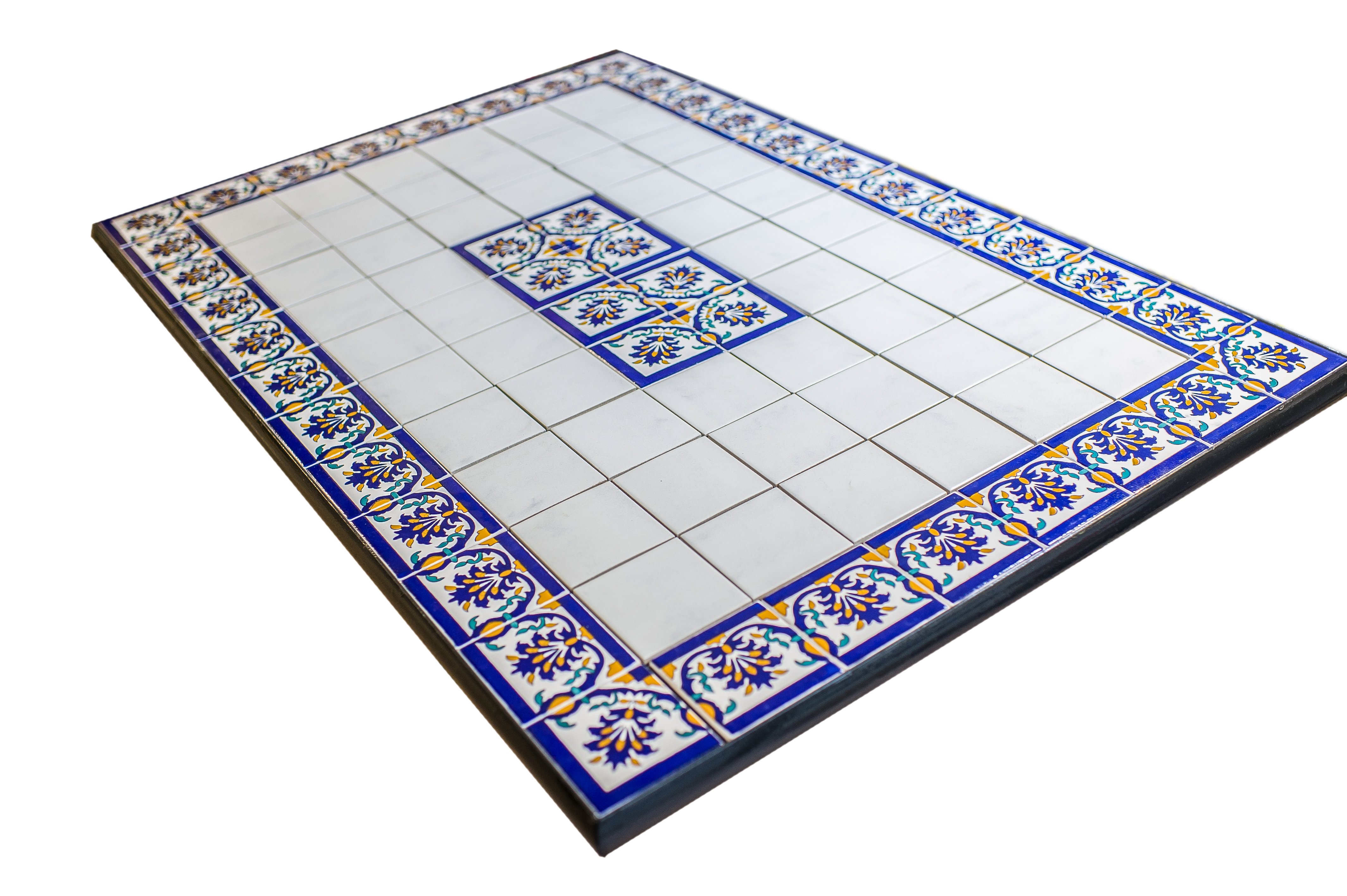 Tavolo in Ferro battuto - Decori in ceramica fiori e fondo biancho - 80x120cm