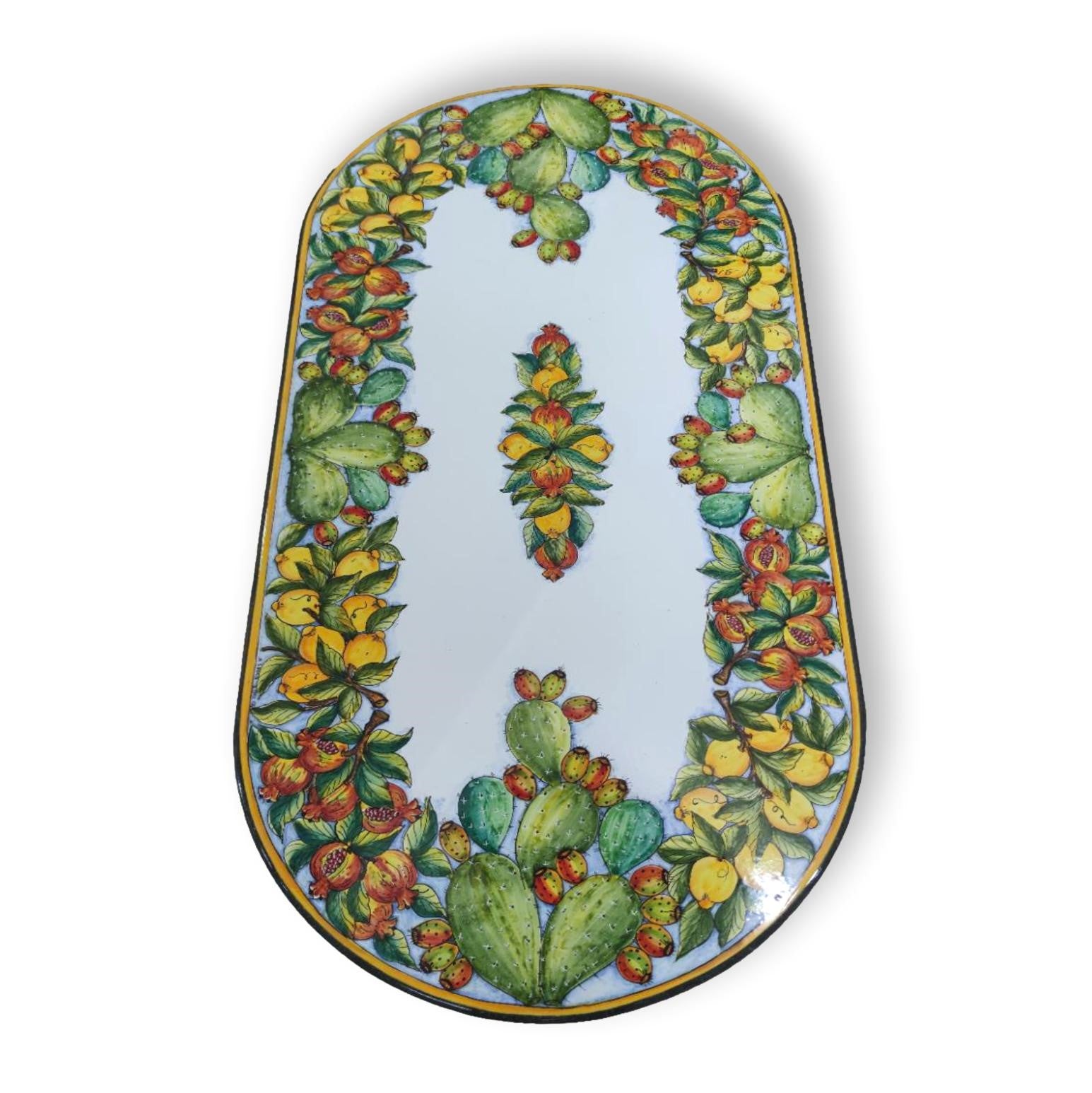 Tavolo in Pietra lavica ovale - con Fichi d'india, limoni, melograni laterali e centrali