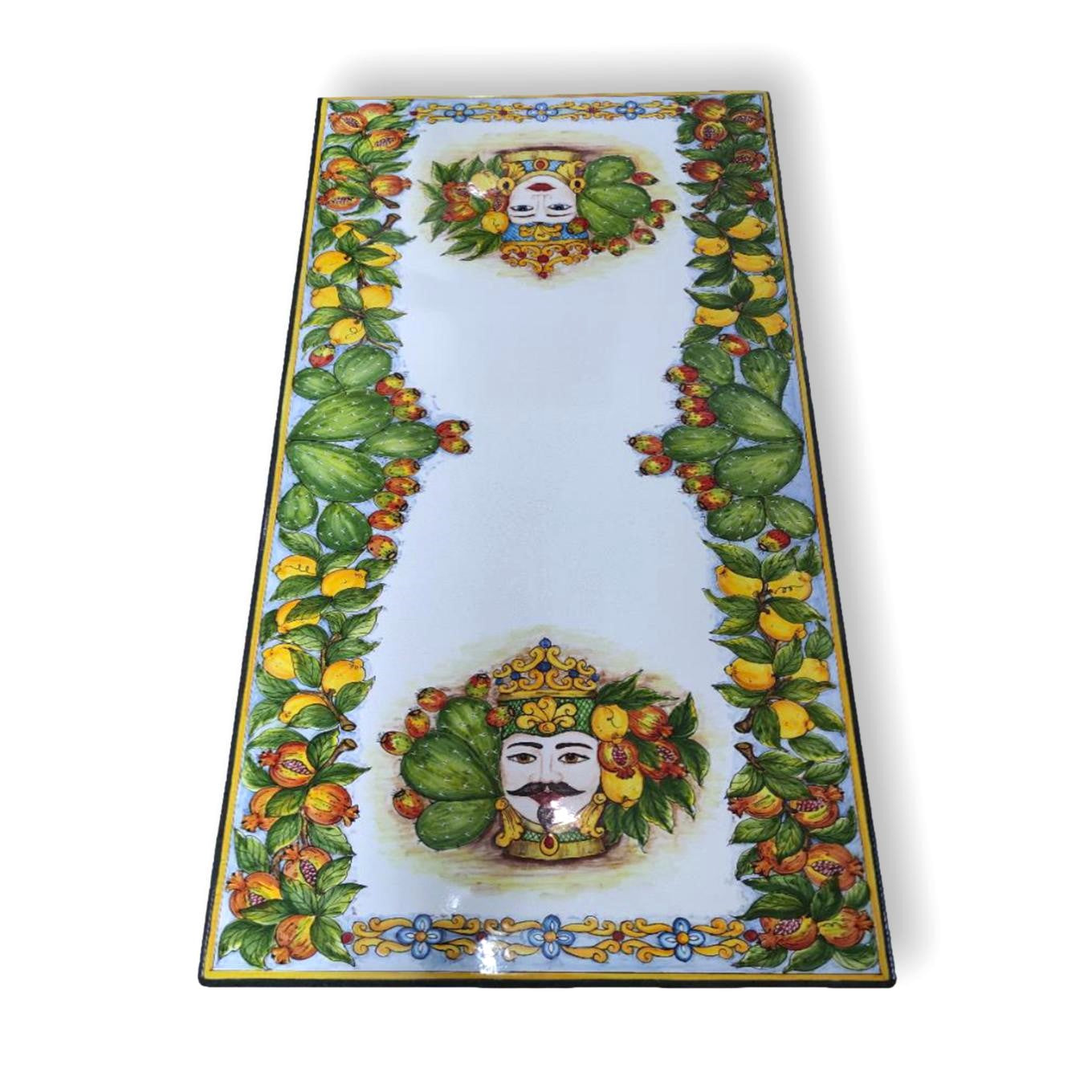 Tavolo in Pietra lavica rettangolare - Teste di Moro con Fichi d'india, limoni, melograni