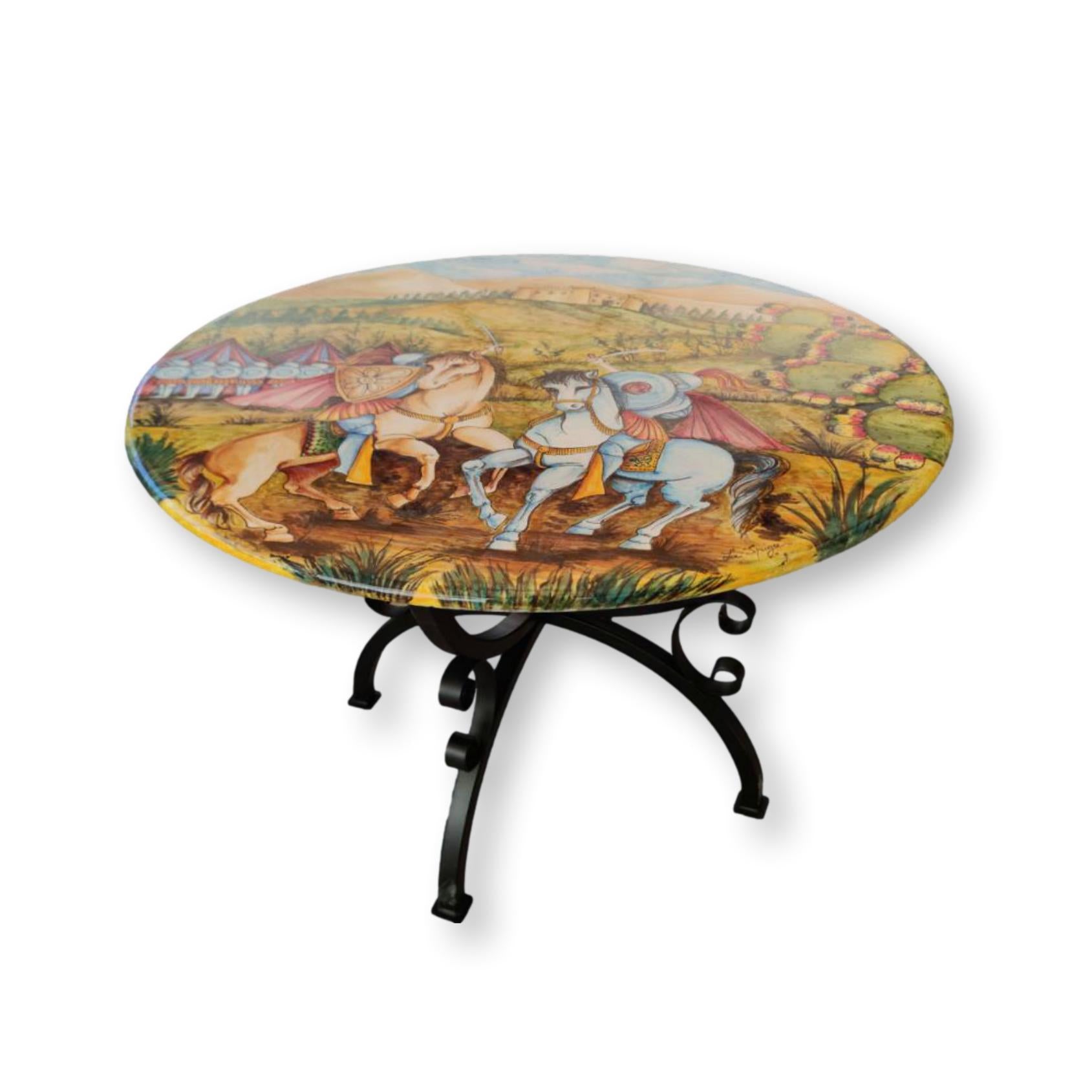 Tavolo in Pietra lavica rotondo con paesaggio e cavalieri