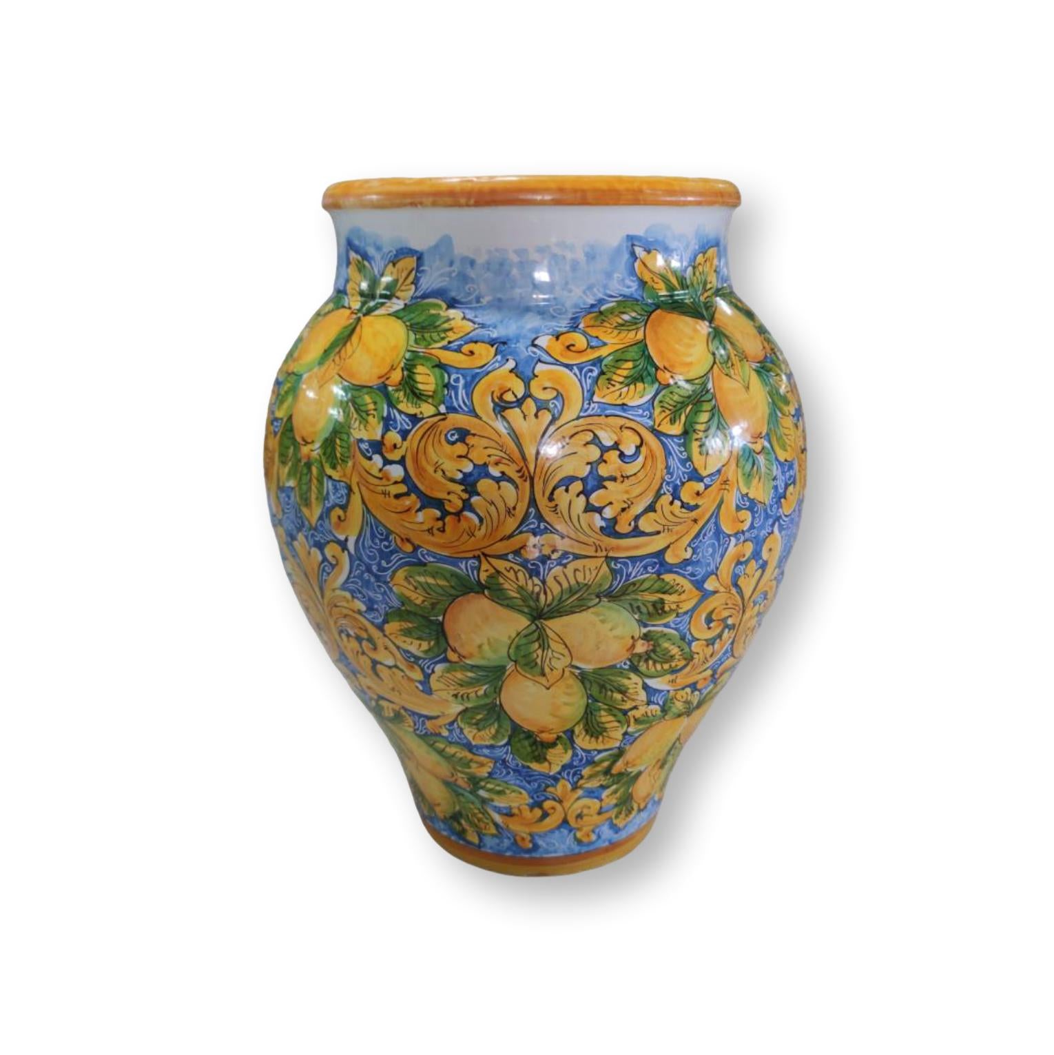 Giara in ceramica dipinta a mano - Ornata Giallo e Azzurro con Limoni