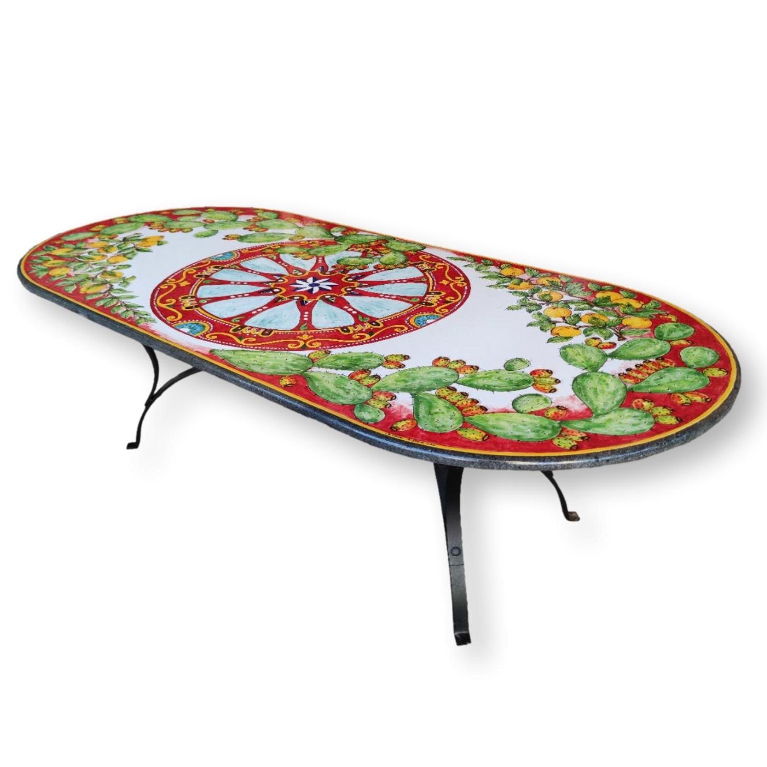 Tavolo in Pietra lavica ovale - Ruota di carro in rosso con fichi d'india