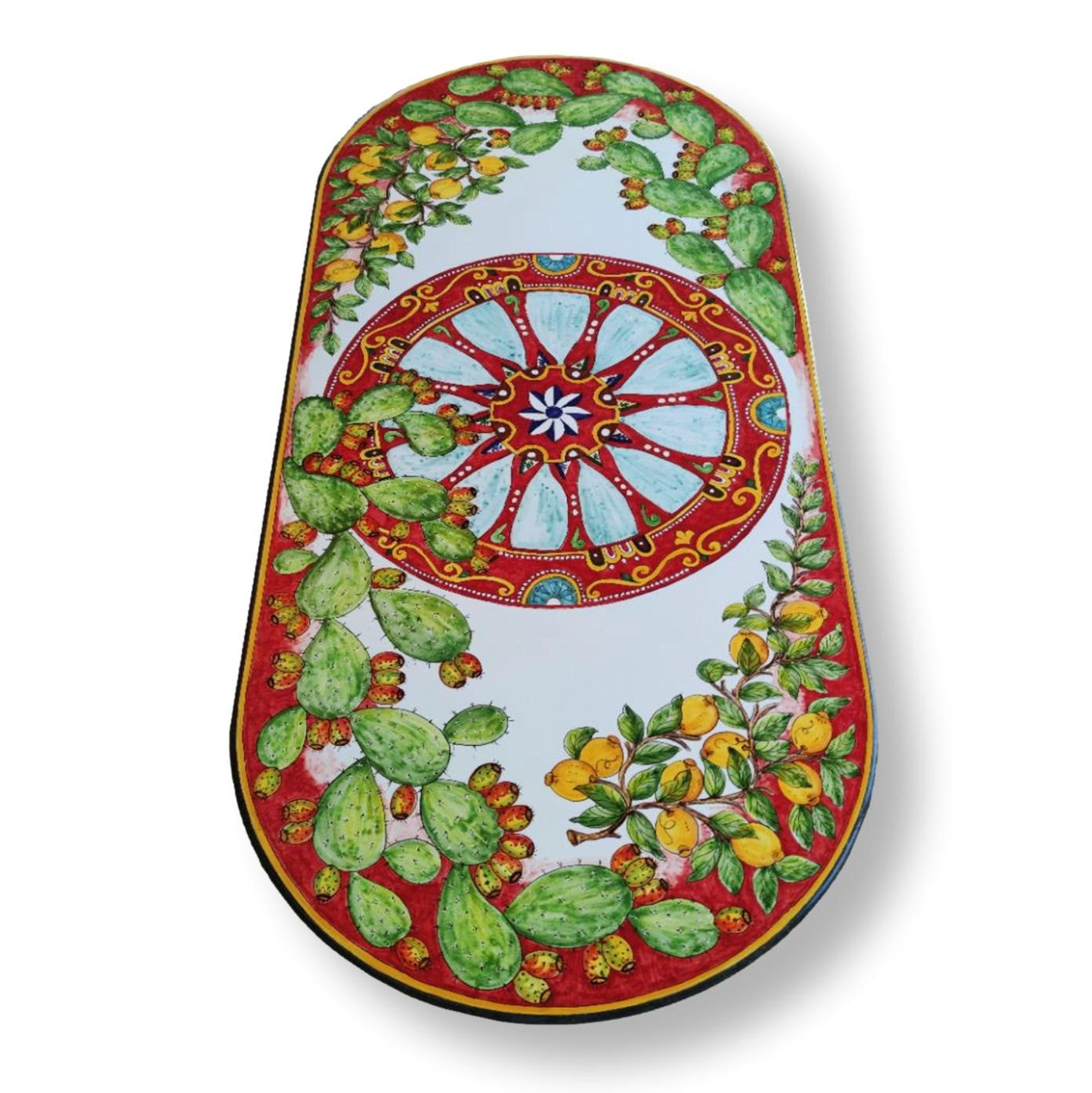 Tavolo in Pietra lavica ovale - Ruota di carro in rosso con fichi d'india