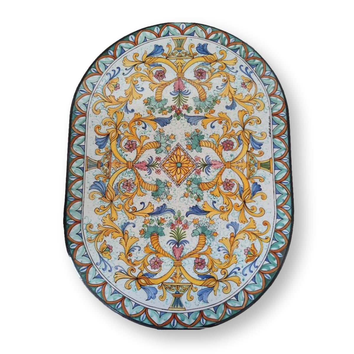 Tavolo in Pietra lavica ovale - Ornamenti stile antico con ornamenti in vari colori