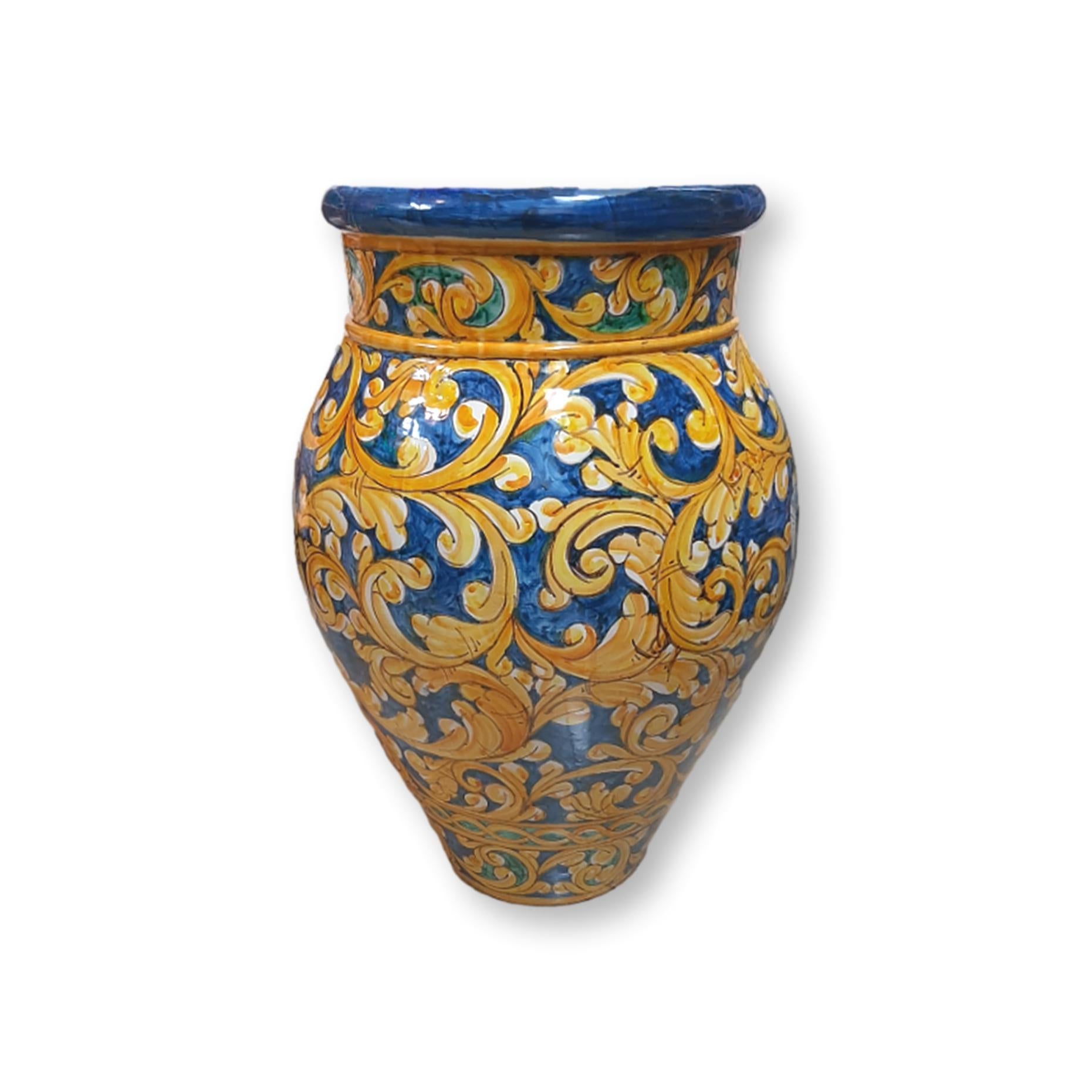 Giara in ceramica dipinta a mano - Decoro Giallo e blu con ornamento centrale