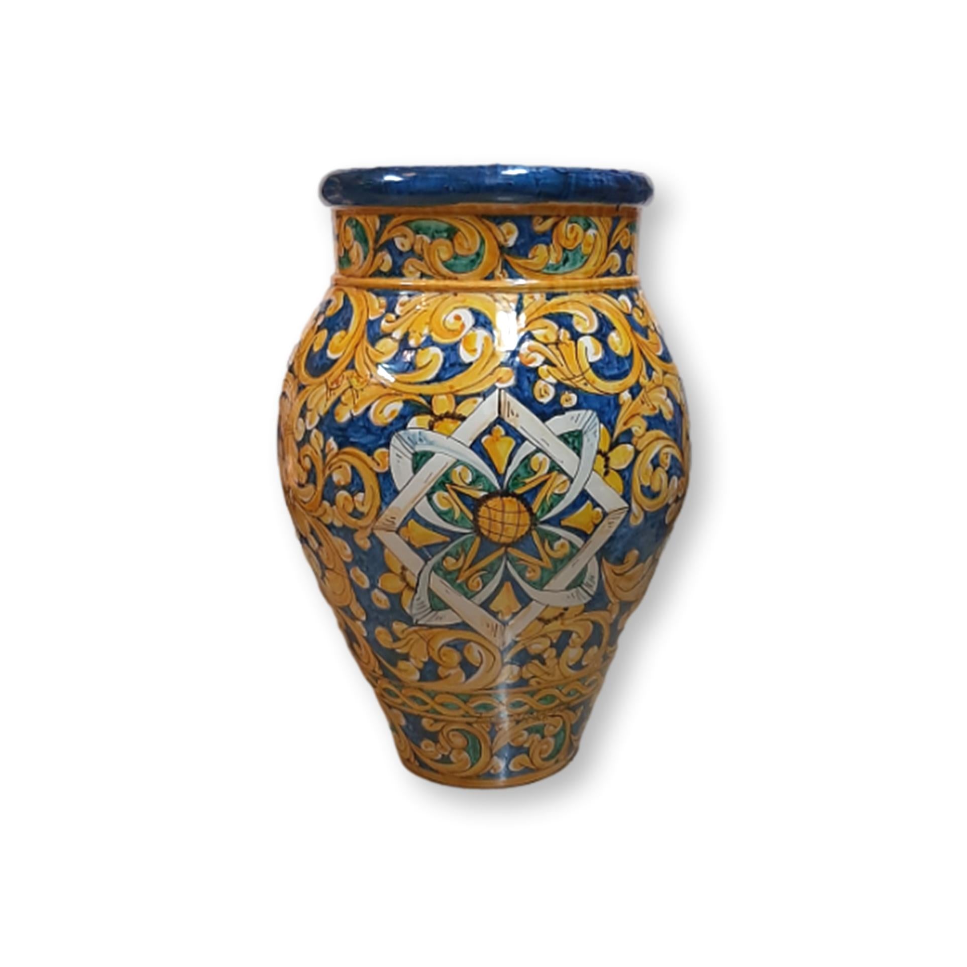 Giara in ceramica dipinta a mano - Decoro Giallo e blu con ornamento centrale