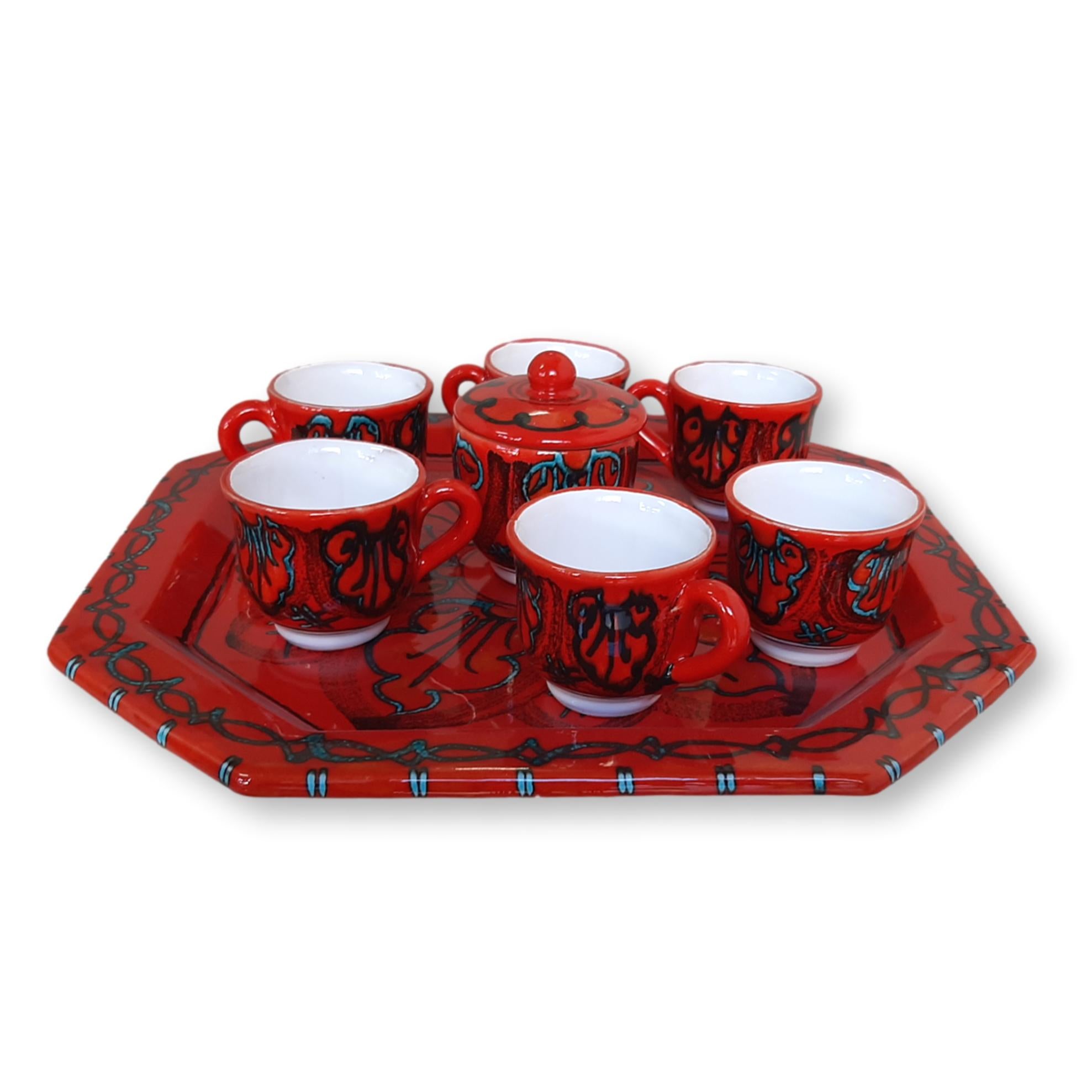 Set 6 tazzine caffè e zuccheriera con vassoio - Decoro Rosso e Blu