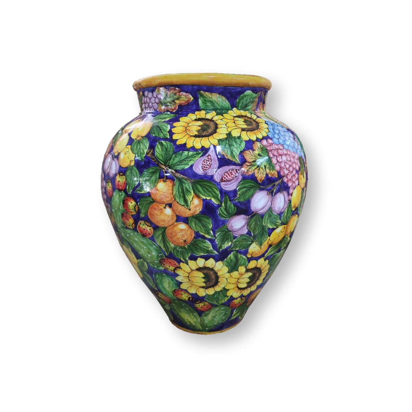 Giara in ceramica dipinta a mano - Decoro con frutta e girasoli con fondo blu