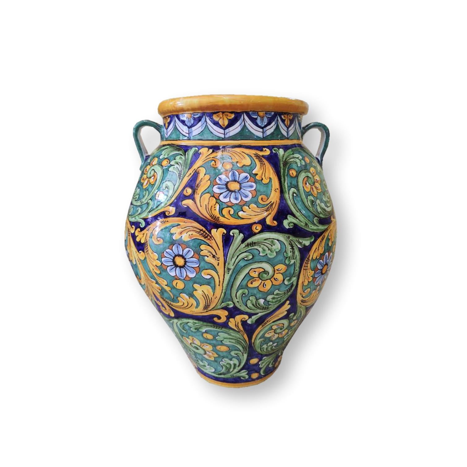 Giara in ceramica dipinta a mano - Ornata giallo, verde e blu con manici