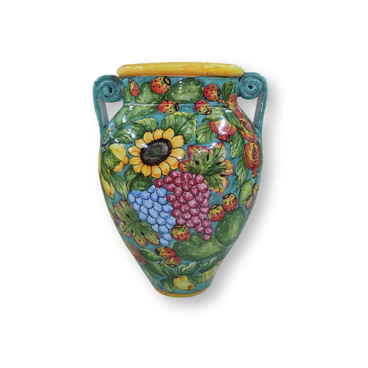 Giara in ceramica dipinta a mano - Ornata con frutta e girasoli con manici