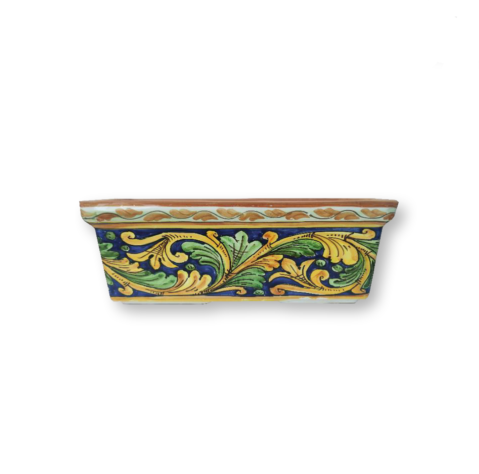 Vaso cassetta rettangolare - Ornamenti in giallo e blu con foglie verdi