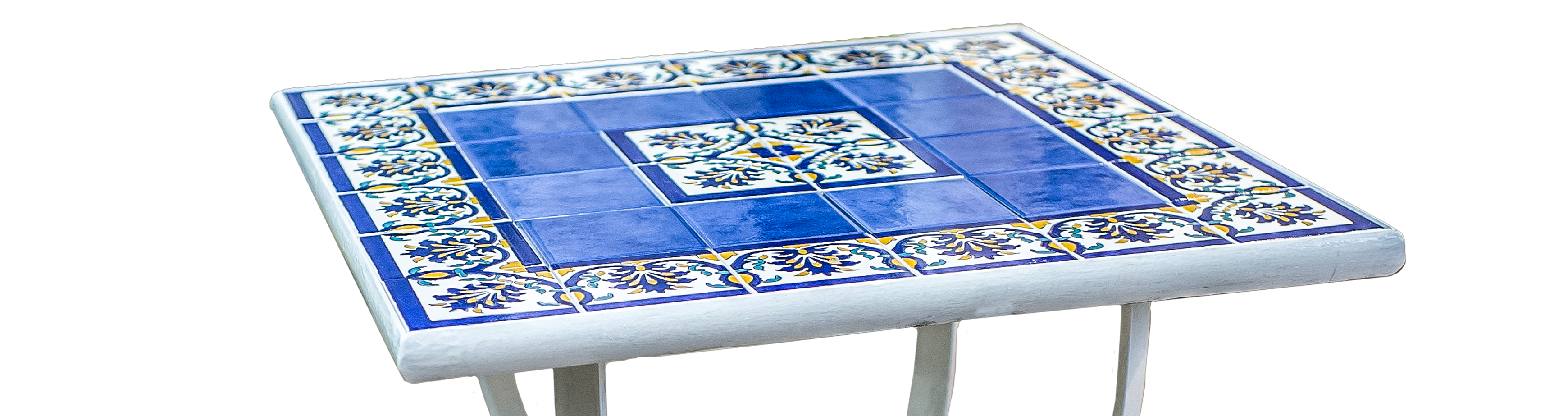 Tavolo quadrato in Ferro battuto - Decori in ceramica fiori fondo blu 60x60cm - Base bianca