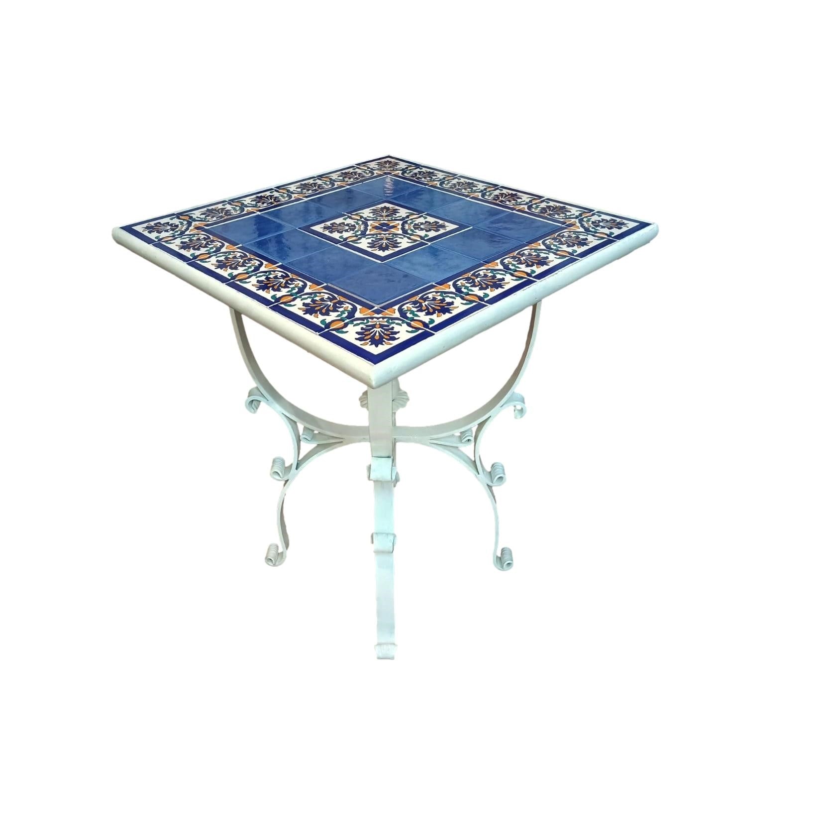 Tavolo quadrato in Ferro battuto - Decori in ceramica fiori fondo blu 60x60cm - Base bianca